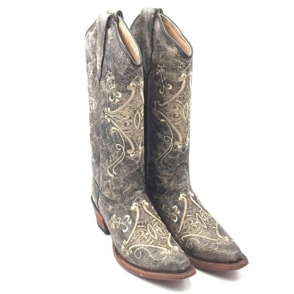 Circle G Shoes - Circle G Women's Cowboy Boot in Brown Crackle/Bone and Gold accents Size 5.5